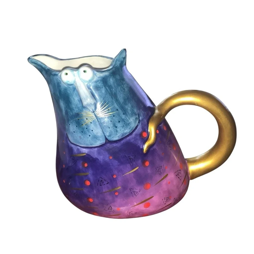 Studio Dreamworks Joy Cats Blue Purple Pitcher Hand Painted 8 In Gold Handle